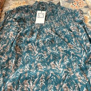 THML Teal and Cream Smocked Blouse